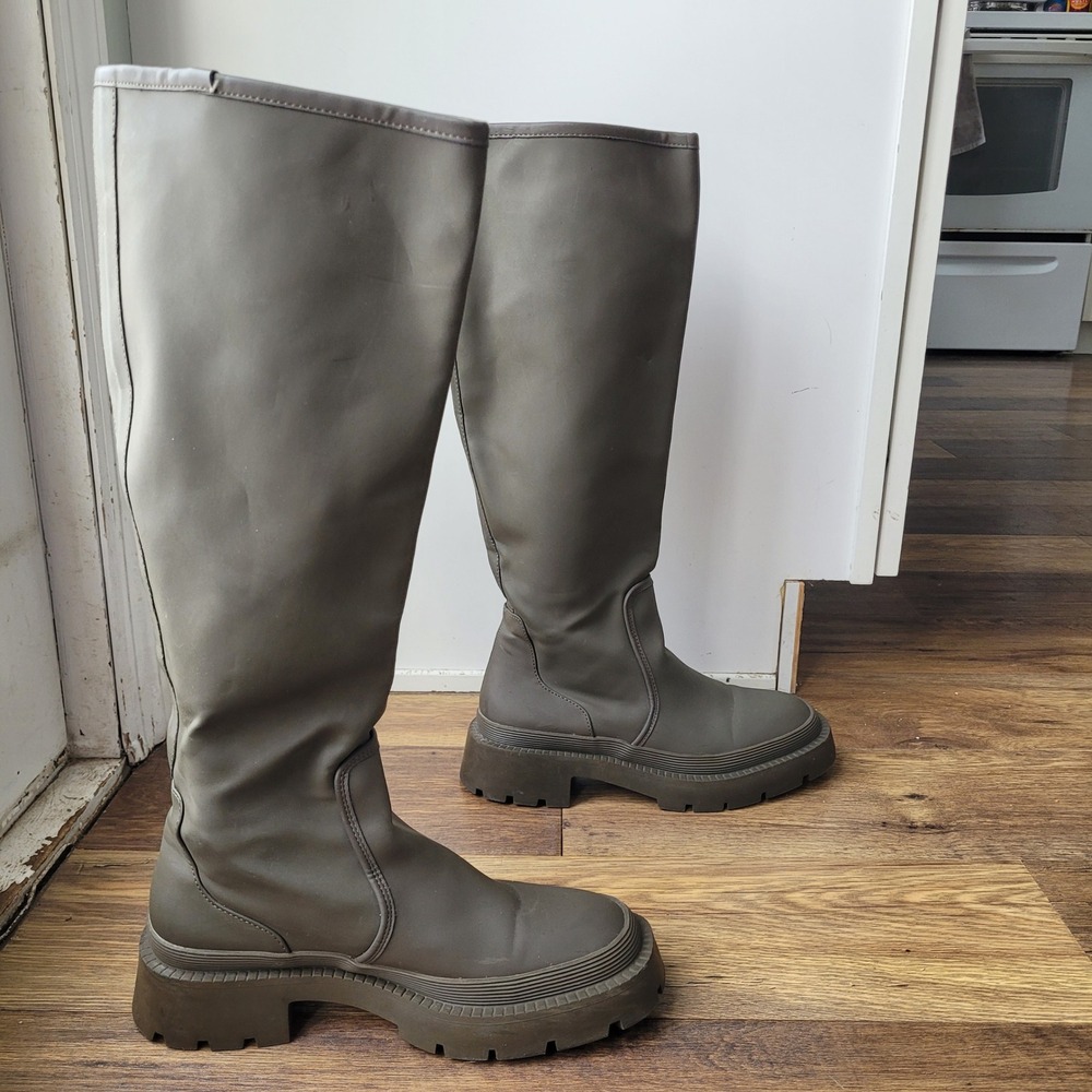 ZARA Women Olive Green Knee High Platform Chunky Sole Rain Boots Size 7.5/Eu 38